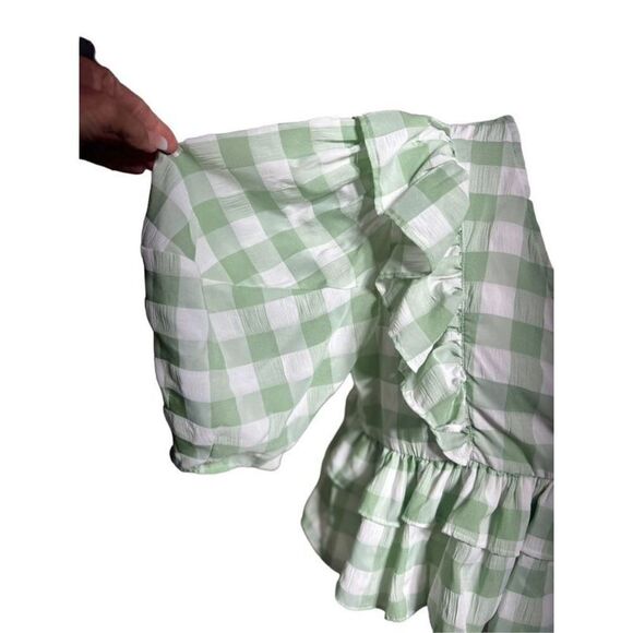 Olivaceous Short Puffy Sleeve Empire Ruffled Waist Gingham Blouse Size M - Picture 4 of 6
